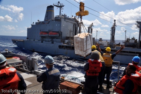 100913-N-7293M-424
MEDITERRANEAN SEA (Sept. 13, 2010) Sailors aboard the amphibious transport dock ship USS Ponce (LPD 15) signal to the Military Sealift Command fleet replenishment oiler USNS John Lenthall (T-AO 189) as pallets of supplies are transported during an underway replenishment. Ponce is part of the Kearsarge Amphibious Ready Group (ARG) en route to provide food, water, and heavy-lift equipment to support humanitarian relief efforts for flood victims in Pakistan. (U.S. Navy photo by Mass Communication Specialist 1st Class Nathanael Miller/Released)