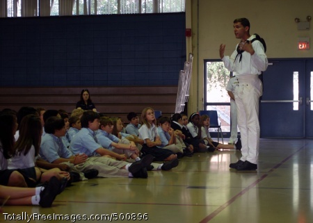 110510-N-AU127-130
MAIDIER, La. (May 10, 2011) Aviation Structural Mechanic Airman Andrew Wyall, assigned to USS Constitution, teaches naval history to middle school students at St. Louis King of France School during New Orleans Navy Week, one of 21 Navy Weeks planned across America for 2011. Navy Weeks show Americans the investment they have made in their Navy and increase awareness in cities that do not have a significant Navy presence. (U.S. photo by Seaman Shannon Heavin/Released)