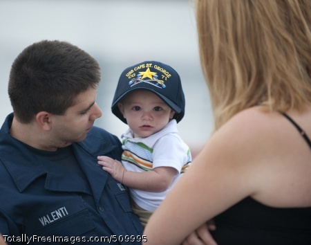 100911-N-7981E-134
SAN DIEGO (Sept. 11, 2010) Engineman Fireman Chad Valenti says good-bye to his wife and 6-month-old son on the pier before deploying aboard the guided-missile cruiser USS Cape St. George (CG 71). Cape St. George deployed with the Abraham Lincoln Carrier Strike Group as part of an ongoing rotation of forward-deployed forces to support maritime security operations around the globe. (U.S. Navy photo by Mass Communication Specialist 2nd Class James R. Evans/Released)
