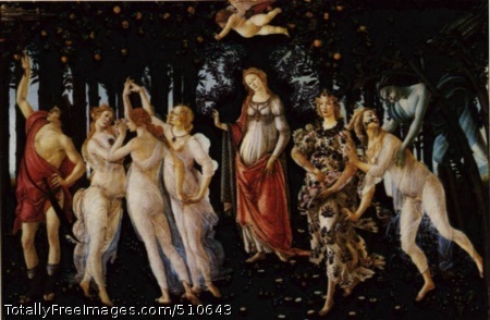 La Primavera
1477-78; "Allegory of Spring"; 315 x 205 cm;
painted for the villa of Lorenzo di Pierfrancesco de' Medici
at Castellonow in the Galleria degli Uffizi in Florence