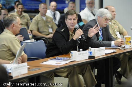 101013-N-7676W-050
ARLINGTON, Va. (Oct. 13, 2010) Vice Adm. Allen Myers, commander of Naval Air Forces, addresses attendees during the Naval Aviation Enterprise day conference sponsored by the Office of Naval Research. With Myers are Rear Adm. Nevin Carr, left, Chief of Naval Research, and Dr. Walter Jones, executive director of Naval Research. (U.S. Navy photo by John F. Williams/Released)
