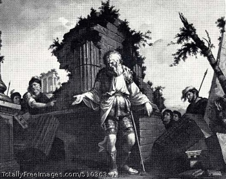 Belisarius
History painting depicting Belisarius, the commander of Emperor Justinian's armies in the sixth century, in old age, blind and reduced to poverty by the emperor. Belisarius is seen standing in front of Roman ruins, his hand extended for a donation. In the background Roman soldiers stare and point to him.
Artist: Trumbull, John, 1756-1843, painter.
Medium: Oil.
Smithsonian Control Number: IAP 06910059