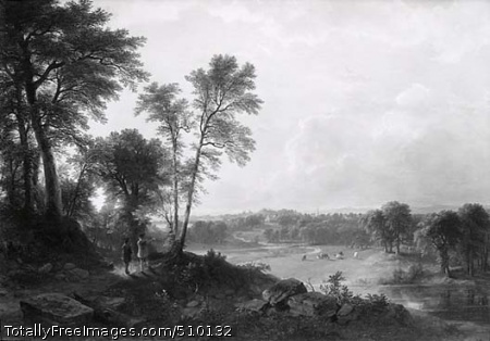 View Towards the Hudson Valley
Landscape looking out over the Hudson River valley from the top of a hillside where two male figures stand along a path shaded by trees. One figure points out over the valley below, where there is a winding river and cows grazing along the banks.
Artist: Durand, Asher B., 1796-1886, painter.
Medium: Oil on canvas.
Smithsonian Control Number: IAP 06910272