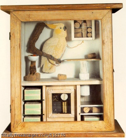 Untitled (Cockatoo and Corks)
c. 1948 (120 Kb); Construction, 14 3/8 x 13 1/2 x 5 5/8 in;
Private collection