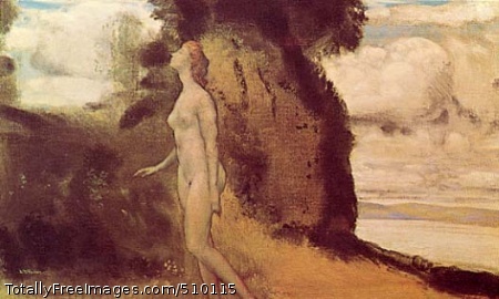A Measure of Dreams
A landscape with a nude female figure walking in an almost trance-like state with her eyes closed and one hand raised as if sleepwalking. She is seen almost in profile in the foreground of a loosely painted seaside landscape.
Artist: Davies, Arthur B., 1862-1928, painter.
Medium: Oil on canvas.
Smithsonian Control Number: IAP 36120344