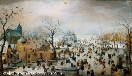 Winter Landscape with Iceskaters
Avercamp, Hendrick
c. 1608;
Oil on panel, 87.5 x 132 cm;
Rijksmuseum, Amsterdam, Netherlands(Another photograph)Crowds of people are depicted on the ice in a scene that stretches far
into the distance. There is considerable variety among the figures,
both in clothing and in what they are doing. Some of those portrayed
are having fun, while others appear to be working. Avercamp has
included several daring details, such as the couple making love, the
bare buttocks and the man urinating.
Winter Landscape with Ice Skaters
painted around 1608, is one of the earliest large winter
landscapes in the Rijksmuseum.Fun on the IcePeople are enjoying themselves in different ways. Of course, many are
skating - on their own, in rows, or in pairs. Some people are playing
kolf, a game resembling ice hockey. Others are playing with sleighs
and sailing on the ice. For some the daily toil never stops. They are
shown here engaged in their work. There is a reed cutter carrying a
bunch of reeds; the eel fisher carries his trident over his shoulder
and the fish in a net. Beside the brewery, recognisable from its
signboard, a hole has been made in the ice so that water can be drawn
out for brewing beer. A ragged figure is begging for bread.Eel fisherReed cutterBeggarOn slippery iceAvercamp has included several anecdotes in his winter landscape. We
see a bare behind emerging from a small boat, as well as the figure of
a man relieving himself against a tree, another in a ditch, and a
couple making love in a hay stack. The way the painter has signed this
work is also humorous: on a tumbledown building in the right
foreground the name 'Haenricus Av' appears on the wall like graffiti,
with a small figure beside it. It has been suggested that fun on the
ice refers to the slipperiness of the human condition. This would
imply that the painting was meant as a lesson on morality. But whether
this was what Avercamp intended is impossible to tell.Bare behindsHouse with signatureA Winter painterAvercamp painted winter scenes throughout the year, partly based on
sketches and partly from memory. Like other seventeenth-century
artists he did not go outside to paint from nature, but worked indoors
in his studio. He combined his sketches to form a single composition
with the result that his perspective is not always accurate. In this
painting the perspective is not quite right either. The trees in the
foreground and the house in the centre appear to be at eye level,
while the brewery in the foreground is seen from above, from a kind of
bird's-eye view. A high view point of this type is characteristic of
early seventeenth-century landscapes such as this scene on the ice.Brewery from aboveHouses at eye levelBruegelAvercamp's typically Dutch winter scene has Flemish predecessors. This
appears from the composition as well as from the bird trap in the
foreground. The bird trap with its cage on a small stick is an exact
copy of a well-known painting of that time by
Pieter Bruegel.
Avercamp also appears to have emphasised the Flemish connection by painting the
coat of arms of the city of Antwerp on the brewery building. The
three-dimensional effect in this picture is remarkable. With its
extreme depth Avercamp manages to include countless figures and
anecdotal scenes.Bird TrapCoat of arms of AntwerpAtmosphereThe weather is hazy, the light filtered. The colours fade into the
distance and shapes become vague. In this 'atmospheric perspective'
depth is suggested by change of colour. The trees to the left and
right of the small boat in the foreground emphasise the sense of depth
and form a repoussoir. The viewer's gaze is carried into the distance,
along the thickly frozen river. There are occasional red accents of
colour. In the foreground a small dog appears to be chasing its own
shadow. In fact this is the first painted version of the dog that
Avercamp apparently placed in the wrong position. Over the years the
overpainting has become transparent.Dog with sha
