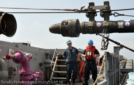 101006-N-7293M-085
ARABIAN SEA (Oct. 6, 2010) Boatswain's Mate Seaman Recruit Dustin Holroyd, left, and Seaman Apprentice Nicholas Basone watch as the refueling probe from the Military Sealift Command fleet replenishment oiler USNS Big Horn (T-AO 198) is winched toward the receiving bell aboard the amphibious transport dock ship USS Ponce (LPD 15) during an underway replenishment. Ponce is part of the Kearsarge Amphibious Ready Group, supporting maritime security operations and theater security cooperation efforts in the U.S. 5th Fleet area of responsibility. (U.S. Navy photo by Mass Communication Specialist 1st Class Nathanael Miller/Released) 