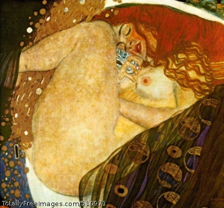 Danae
1907 (90 Kb); Private collection, GrazDanae, seemingly underwater, thighs drawn up. Gold and silver
seminal flow rising between her legs. Very erotic.The legend concerns her mating with Zeus in
the form of a gold shower, to conceive Perseus, which is
depicted here. The eroticism is highly intentional:
the red hair, etc. The small black rectangle is Klimt's
reduction of maleness to an abstract symbol.