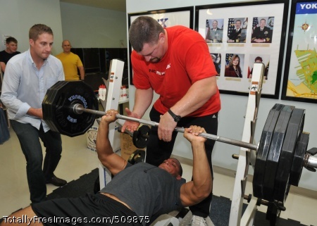 100913-N-3215T-149
YOKOSUKA, Japan (Sept. 13, 2010) American professional iron man athlete Karl Gillingham spots Hospital Corpsman 2nd Class Ardinis Strickland, from Dallas, during a bench press competition at the Fleet Recreation Center at Commander Fleet Activities Yokosuka. Gillingham visited Yokosuka during his tour of Japan installations to meet with forward-deployed service members. (U.S. Navy photo by Mass Communication Specialist 1st Class Brock A. Taylor/Released) 
