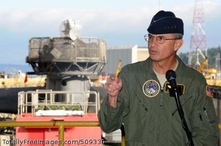 100929-N-8119A-068
BREMERTON, Wash. (Oct. 29, 2010) Gen. Kevin Chilton, commander of U.S. Strategic Command, speaks to the blue and gold crews of the fleet ballistic missile submarine USS Kentucky (SSBN 737) before presenting the Omaha Trophy to the boat during a ceremony on Delta Pier at Naval Base Kitsap-Bangor. The Omaha Trophy, sponsored by U.S. Strategic Command and the U.S. Strategic Command Consultation Committee, is given annually to the best ballistic missile submarine as well as units with intercontinental ballistic missiles, strategic aircraft and strategic space and information operations. (U.S. Navy photo by Mass Communication Specialist 2nd Class Gretchen Albrecht/Released) 
