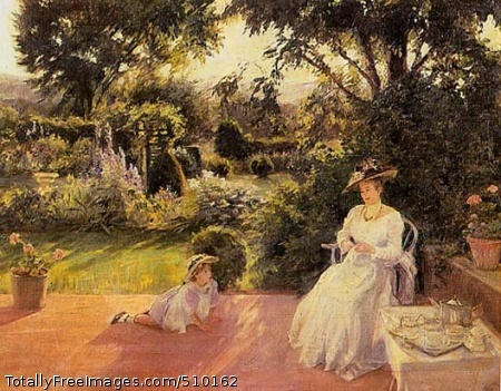 Grandmother's Garden
A garden landscape showing a shaded terrace in the foreground with a grandmother seated beside a tea table on the right and a little girl seated nearby on the terrace to the left. Pots of flowers adorn the terrace, and in the background there are trees and a lush garden filled with a variety of plants.
Artist: Emmet, Lydia Field, 1866-1952, painter.
Medium: Oil on canvas.
Smithsonian Control Number: IAP 36270269