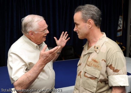 101009-N-5429S-077
MANAMA, Bahrain (Oct. 9, 2010) Former astronaut Neil Armstrong talks with Rear Adm. Charles Gaouette, deputy commander of U.S. Naval Forces Central Command, during the kickoff visit of Legends of Aerospace II to U.S. Naval Forces Central Command headquarters at Naval Support Activity, Bahrain. The weeklong tour gave thousands of U.S. service members at Naval Support Activity, Bahrain, Balad Air Base, Iraq and aboard the aircraft carrier USS Harry S. Truman (CVN 75) the opportunity to meet the astronauts. (U.S. Navy photo by Chief Mass Communication Specialist David Sidney/Released) 