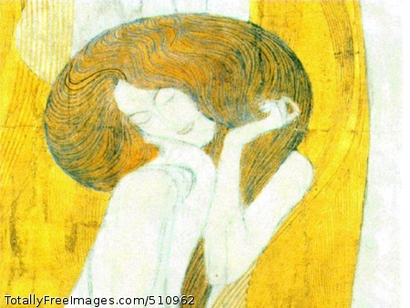 The Beethoven Frieze
1902 (110 Kb); Secession Building, ViennaDetail from the third wall of the frieze depicting man's search of
happiness. This section shows the woman used in the repeating motif
sitting. Her swirling hair and the gold behind her have a grain like
wood.