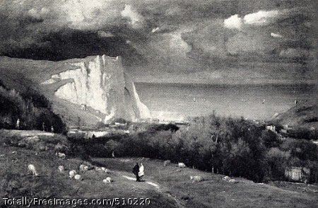 Etretat
In the foreground there is a lush green pasture with two figures walking along a path. On either side of them are cows and sheep, some seated and some grazing. In the distance there are the steep cliffs along the coast, with a rough sea below dotted with boats. Dark storm clouds are visible overhead.
Artist: Inness, George, 1825-1894, painter.
Medium: Oil on canvas.
Smithsonian Control Number: IAP 06910350