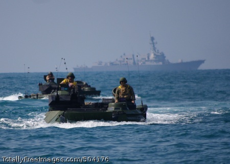 110210-N-5989K-066
SOUTH CHINA SEA (Feb. 10, 2011) Amphibious assault vehicles from the amphibious transport dock ship USS Denver (LPD 9) participate in an amphibious exercise. Denver is part of the forward-deployed Essex Amphibious Ready Group and is underway participating in Cobra Gold 2011, a multinational military exercises designed to ensure regional peace and stability. (U.S. Navy photo by Seaman Paul Kelly/Released)