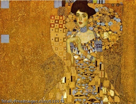 Adele Bloch-Bauer I
1907 (140 Kb); Oil and gold on canvas, 138 x 138; Austrian Gallery, ViennaAdele Bloch-Bauer clasping her hands (she had a deformed finger).
Dressed in gold, surrounded by gold. A very gold picture.