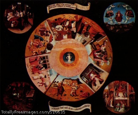 The Seven Deadly Sins
Bosch, Hieronymus
c.1485 (50 Kb); Prado, MadridThe Seven Deadly Sins
is a painted rectangle with a central image of the eye of God, with
Christ watching the world. The Seven Deadly Sins,
depicted through scenes
of worldly transgression, are arranged around the circular shape.
The circular layout with god in the centre represents gods all seeing eye
No sin goes unnoticed.
In the
corners of the image appear the "Four Last Things" mentioned in late medieval
spiritual handbooks: Deathbed, the Last Judgment, Heaven, and Hell, all of
which are favorite themes of separate Bosch panels.