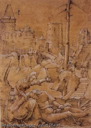 Samson and Delilah (Judges 16:19)
Altdorfer, Albrecht
1506; Pen and dark brown ink heightened with white, on brown prepared paper;
17.0 x 12.0 cm;
Metropolitan Museum of Art, New York, USAWithin a landscape setting, Samson lies asleep with his head upon
Delilah's lap while she, holding the scissors with which she will cut
his hair and deprive him of his strength, gestures towards the
soldiers in the background who wait to arrest him (Judges 13:16). This
autonomous drawing on colored ground is one of four by Altdorfer dated
1506. The fine pen work is characteristic of his early drawings. This
drawing is annotated with an unusual, Italianate form of Altdorfer's
name, also seen on two other drawings of early date,
Witches Sabbath
and
Allegory with Pax and Minerva,
both of which show the influence of
Mantegna's
designs. This Italianism has been taken as evidence for
a trip to Italy, though no such trip is documented.