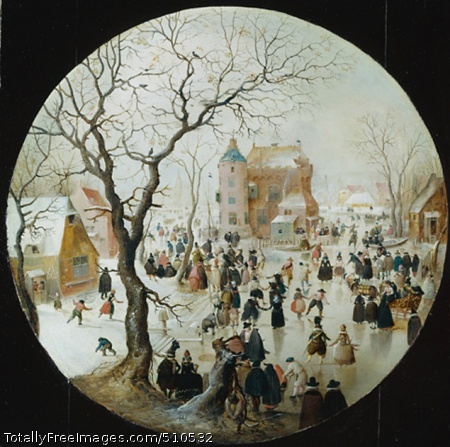 A Winter Scene with Skaters near a Castle
Avercamp, Hendrick
c.1608-09;
Oil on oak, 40.7 x 40.7 cm;
National Gallery, London, UKThe Dutch painter Avercamp specialised in winter scenes of ice-covered
canals showing figures skating and sledging. Small in scale, they are
filled with intricate and carefully observed details. He was born in
Amsterdam, but spent most of his life in the remote town of Kampen in
Zuider Zee. His oil paintings and drawings enjoyed great popularity
during his lifetime.Avercamp's lively picture is typical of his winter scenes in which men
and women from every level of society enjoy themselves on the
ice. Elegantly designed, the spindly silhouetted tree frames the
castle behind, while the distance is lost in a frosty haze. The scene
is imagined, no such castle existed, but Avercamp has filled it with
carefully observed and witty incident and detail. Smartly dressed
couples hold hands and skate into the picture, children play on the
left and near the picture's centre a man crashes to the ice while his
partner throws up her arms in horror.This busy scene of winter pursuits is full of closely observed
detail. It is filled with people from all walks of life going about
their business as well as enjoying themselves. On the right, the
carved and gilded horse-drawn sledge has a lion rampant on its back
and side, which may be an allusion to the lion of the Dutch United
Provinces. The castle is imaginary.This picture was once extended into a square shape. During cleaning in
1983 it was discovered that the additions were by a later hand and
they were, therefore, removed.
