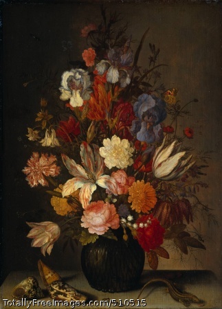 Still Life with Flowers
Ast, Balthasar van der
c.1632-57;
Oil on canvas, 59 x 43 cm;
Rijksmuseum, Amsterdam, NetherlandsOn a table stands a dark-green, fluted vase with flowers. Beside this
are several exotic shells. These were probably part of the painter's
collection since the one closest - a 'conus ranunculus' - occurs
frequently in his work. A small salamander and a caterpillar are
creeping across the table. Above left, in the shadow, a flying wasp
approaches. The painting is signed by Balthasar van der Ast but he
probably left a significant proportion of the work to his
assistants. The painting's underdrawing is clearly visible. Van der
Ast may well have produced this as a guideline for his apprentices to
continue 'coloring in'.An ochre-yellow ground was applied over the underdrawing. The yellow
shines through the grey upper layer, giving the painting a warm
glow. In some places it is the ground that we see, as in the
butterfly's wing where the yellow is uncovered. The background was the
first to be painted, with spaces left for the flowers. These were then
coloured in, but so finely that the underdrawing remains visible. The
flowers are modelled more with lines than with paint. Van der Ast has
given the closest flowers a light colour, which projects them forward
somewhat. The flowers at the edge of the bouquet are painted against
the dark background, marginalising them. In this way the artist gives
the bouquet depth and volume.Ground is visible in the butterflyUnderdrawing defines the flowerBalthasar van der Ast's brother-in-law was the still-life painter
Ambrosius Bosschaert in whose style he first worked. These early
flower pieces provide a display of botanically interesting flowers,
depicted side-by-side. This still life by Van der Ast is from a later
period. It is less precise and shows a more casual style. The
individual flowers are less detailed and overlap. However, Van der Ast
has copied a few of the flowers from paintings by Bosschaert.Credits:
The Rijksmuseum, Amsterdam.