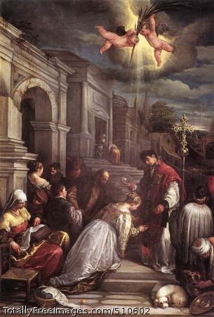 St Valentine Baptizing St Lucilla
Bassano (family da Ponte)
c. 1575;
Oil on canvas;
Museo Civico, Bassano del GrappaAn extraordinary burst of light bounces off the characters, casting
silky reflections on the robes and making the gold glimmer. The
painter produced this masterpiece when he was well into his middle
age. It gives us tremendous insight into his enormously innovative
power which fell between popular realism and magical effects. It is
astounding to think Jacopo Bassano was able to produce paintings of
this stature when he was so removed from the major centres of art.