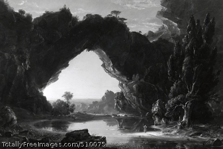 Evening in Arcady
View of a natural bridge over a river with two women in Arcadian attire along the shore in the foreground. One woman dances by the water's edge and the other is seated under a tree, a lyre in her hands. The sun is setting, highlighting the underside of the natural bridge, and silhouetting a herd of deer in the background along the far shore of the river. On the left two swans swim near the shore.
Artist: Cole, Thomas, 1801-1848, painter.
Medium: Oil on canvas.
Smithsonian Control Number: IAP 06910249