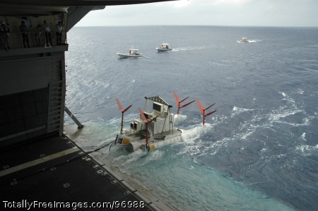 A MK-105 Magnetic Influence Minesweeping System sleds is launche