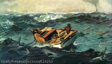 The Gulf Stream
Waterscape in the Bahamas depicting an African-American male figure adrift on a damaged sailboat surrounded by menacing sharks, while out on the horizon a waterspout looms in the distance. Far in the distance on the left there is a sailing ship on the horizon.
Artist: Homer, Winslow, 1836-1910, painter.
Medium: Oil on canvas.
Smithsonian Control Number: IAP 36120448