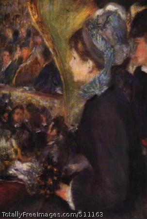 La Première Sortie
Renoir, Pierre-Auguste
The First Outing; c. 1875-76; National Gallery, LondonThere is a remarkable difference in technique between Renoir's
two pictures of the occupants of a theatre-box,
La Loge
and
La Première Sortie
(as the latter is now entitled).
In the intervening period Renoir worked with Monet at Argenteuil
and, for the time being at least, had become thoroughly conditioned to
Impressionist
methods and outlook. The precision of drawing has gone to be replaced
by a shimmering envelope of color that surrounds the figures and gives
them an actuality in space that the other picture does not display.
This of course is a difference of aim rather than aesthetic quality.
The rich blacks have gone, depth of color being provided by ultramarine.
But the Impressionist way of seeing concerned not only color but
what it might be optically possible to see at one particular moment.
In focussing on one object the eye is only vaguely aware of others
behind and around and thus Renoir assumes that attention is fixed
on the young girl on her first evening out and that the spectator
has only a confused and sidelong impression of the rest of the theatre
and other members of the audience. There is another advantage in the
way this is presented. Something of the excitement of the occasion
is conveyed by the broken color and the figures dimly visible.
The calm of
La Loge
has no such suggestion.Renoir's application of Impressionist ideas to figure compositions
has other instances about the same time in
La Balançoire (Louvre) and
Le Moulin de la Galette.
La Première Sortie
first belonged to Count Armand Doria and was included in the Doria
sale of 1899 under the less appropriate title of
Café-Concert.