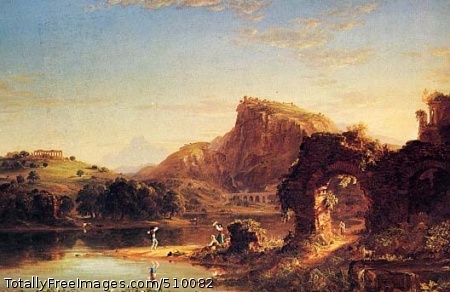 L'Allegro
Ideal and imaginary landscape on a bright day with figures dancing at center on the shore of a river. Ruins are on a hill at left, a hilltop is right of center, and two arches with a figure standing beneath one is in the foreground at right. Animals are on the both shores and a man in a rowboat can vaguely be seen at center in the background.
Artist: Cole, Thomas, 1801-1848, painter.
Medium: Oil on canvas.
Smithsonian Control Number: IAP 02960179