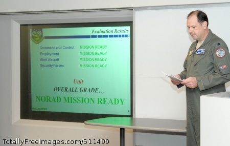 p>ELLINGTON FIELD, Texas - Lt. Col. Drexel Sherman, North American Aerospace Defense Command Inspector General Fighter Team Chief, gives members of the 138th Fighter Wing, Detachment 1, a report on the results of the IG team's inspection March 16. The alert facility was rated NORAD Mission Ready by the IG, and four Det. 1 members were identified as superior performers.