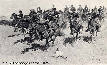 On the Southern Plains
A charging cavalry led by a scout in buckskin probably illustrates a scene in the war against the Plains Indians during the 1860s. In his diary, the artist titled the painting "Cavalry in Sixties." However, the uniforms and weapons depicted are a mix, dating anywhere from the Civil War up into the 1870s. The soldiers wear army jackets with stand up collars and a row of buttons down the front. Their hats are forage caps from 1861, or broad brimmed ones often used for protection from the sun. The cavalrymen charge toward the foreground in a random order, which does not follow the actual attack formation of the U.S. Cavalry.
Artist: Remington, Frederic, 1861-1909, painter.
Medium: Oil on canvas.
Smithsonian Control Number: IAP 36120581