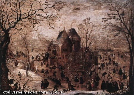 Winter Landscape
Avercamp, Hendrick
1605-10;
Oil on oak, 25 x 34 cm;
Wallraf-Richartz Museum, CologneAvercamp's early Winter Landscape, with its general view and colourful
narrative character, is very much in the tradition of the famous
winter landscapes by
Pieter Bruegel the Elder.
But Avercamp's winter
landscapes painted after the 1620s - reflecting the trends of the
period - are composed with the now fashionable low horizon and
vanishing-point perspective.