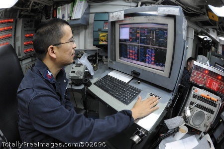 110323-N-8497H-110
ARABIAN GULF (March 23, 2011) Electrician's Mate 1st Class Jaime Garcia monitors the electronic propulsion plant console from the central control station aboard the countermeasures ship USS Ardent (MCM 12). Ardent is underway with elements of Combined Task Force 52 participating in a Joint mine counter-measure exercise with NATO, U.S., U.K. and French forces. (U.S. Navy photo by Mass Communication Specialist 2nd Class Lewis Hunsaker/Released)