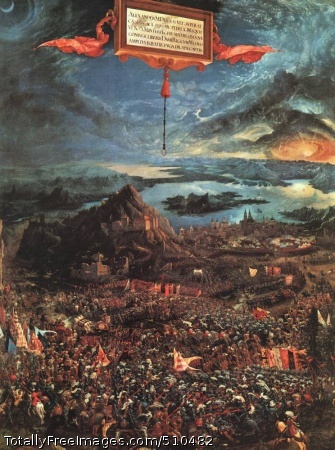 The Battle of Alexander at Issus
Altdorfer, Albrecht
1529; Limewood panel, 158.4 x 120.3 cm; Alte Pinakothek, MunichThe Battle of Alexander at Issus (detail)The Battle of Alexander at Issus (detail)This is the most famous painting of Altdorfer. Its subject is the
victory of the young Alexander the Great in 333 B.C. over the Persian
army of King Darius III in the battle of Issus.
Issus was an ancient town in southeast Asia Minor near modern-day
Iskenderum, Turkey. The battle in fact took
place in Turkey, however, on this painting it is shown in the rocky
environment of the Alps with German cities in the background.
Altdorfer, a painter, engraver, architect and
leading member of the Danube School of German art, is
considered the first true landscape painter and a pioneer of
copperplate etching.Without the text on the tablet suspended in the sky and the inscriptions
on the banners, we could not possibly identify the subject,
Alexander's victory over Darius.
The artist has tried to follow ancient descriptions of the actual
number and kind of combatants in the battle. To accomplish this,
he adopts a bird's-eye view, so that the two protagonists are lost
in the antlike mass of their own armies.Moreover, the soldier's armor and the fortified town in the distance
are unmistakably of the 16th century. The picture might well show some
contemporary battle, except for one feature: the spectacular sky,
with the sun triumphantly breaking through the clouds and "defeating"
the moon. The celestial drama above a vast Alpine landscape, obviously
correlated with the human contest below, raises the scene to the cosmic
level. This is strikingly similar to the vision of the Heavenly Host
above the Virgin and Child in the
Isenheim Altarpiece by
Grünewald,
who influenced Altdorfer earlier in his career.
Altdorfer may indeed be viewed as a later, and lesser, Grünewald.
Although Altdorfer, too, was an architect, well acquainted with
perspective and the Italian stylistic vocabulary, his paintings show
the unruly imagination already familiar from the work of the older master.
But Altdorfer is also unlike Grünewald: he makes the human figure incidental
to its spatial setting, whether natural or architectural.
The tiny soldiers of
The Battle of Alexander at Issus
have their counterpart in his other late pictures, and he painted at least
one landscape with no figures at all--the earliest "pure" landscape
we know of since antiquity.
(Dürer's sketch,
Italian Mountains, after all,
is not a finished work of art.)