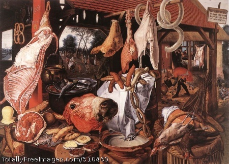 Butcher's Stall with the Flight into Egypt
Aertsen, Pieter
1551;
Oil on wood panel, 123.3 x 150 cm (48.5 x 59");
University Art Collections, Uppsala University, SwedenA Meat Stall with the Holy Family Giving Alms1551; Oil on panel, 115.5 x 169.0 cm;
North Carolina Museum of Art, Raleigh, NC, USAIn the 16th and 17th centuries it was quite common for theologians to
see a slaughtered animal as symbolizing the death of a
believer. Allusions to the 'weak flesh' (cf. Matthew 16:41) may well
have been associated with Aertsen's
Butcher's Stall where - like on
his fruit and vegetable stalls - a seemingly infinite abundance of
meat has been spread out.In the foreground tables, pots, plates, a barrel, some wickerwork
chairs and baskets serve as supports and containers for huge hunks of
meat, pig's trotters, soups, chains of sausages hanging down and
freshly slaughtered poultry. In the background there is an open,
shingle-roofed studded stable with a pole from which further pieces of
meat are suspended, including a pig's head, a twisted sausage and some
lard. Through the stable we can see a garden scene. On the right, in
the middle ground, a farmer is filling a large jug, and behind him we
can see a slaughtered and gutted pig, a motif which Beuckelaer also
used as an independent motif, as did
Rembrandt
later (where the animal is a slaughtered ox).Pieter Aertsen is remembered today mainly as a pioneer of still lifes,
but he seems to have first painted such pictures as a sideline, until he
saw many of his
altarpieces
destroyed by iconoclasts.
This painting, done a few years before he moved from Antwerp to
Amsterdam, seems at first glance to be an essentially secular picture.
The tiny, distant figures are almost blotted out by the avalanche of
edibles in the foreground. We see little interest here in selection or
formal arrangement. The objects, piled in heaps or strung from poles,
are meant to overwhelm us with their sensuous reality (the panel is
nearly lifesize). Here the still life so dominates the picture that
it seems independant of the religious subject. The latter, however,
is not merely a pretext to justify the painting; it must be integral
to the meaning of the scene. In the background to the left we see the
Virgin on the Flight into Egypt dispensing charity to the faithful lined
up for church, while to the right is the prodigal son in a tavern.
The Northern Mannerists often relegated subject matter to a minor position
within their compositions.Pieter Aertsen was one of the first artists to paint "inverted still
lifes," works in which the still-life elements are placed prominently
in the foreground, while the narrative elements are relegated to the
background. The
Butcher's Stall
is Aertsen's masterpiece in this genre. A
feast for the mind as well as the eyes, this remarkably executed
painting abounds with rich symbolism. The juxtaposition of the
precisely rendered meats and other foods with the Holy Family in the
background symbolically links food for the body with the spiritual
"bread of life"- food for the soul, represented by the Christ child
and the bread, offered by Mary to the poor family. In presenting a
visual metaphor that encourages the viewer to consider his spiritual
life, this work also anticipates the symbolic religious meanings
present in seventeenth-century Dutch
vanitas
still lifes. Aertsen's
Meat Stall was clearly a famous work in its own day, judging from the
number of contemporary versions that exist.
In both style and subject
matter, the
Butcher's Stall
is the direct antecedent of the impressive
Market Scene on a Quay
by Frans Snyders.This "inverted" perspective was a favorite
device of Aertsen's younger contemporary,
Pieter Bruegel the Elder,
who treated it with mocking intent in his landscapes.
Aertsen belonged to the same ironic tradition, reaching back to the
Gothic
era, whose greatest representative was the humanist Erasmus of Rotterdam.
The Butcher's Stall
may be an elaborate satire on the gluttony of peasants, a favorite
subject of Bruegel. Not until around 1600 was this