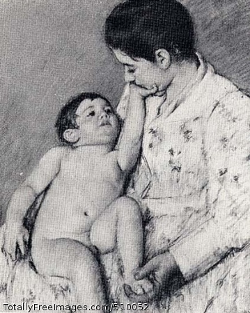 A Caress
A woman holds a naked child on her lap. The childs reaches his hand to the mother's face and the mother holds the child's foot in her hand.
Artist: Cassatt, Mary, 1844-1926, painter.
Medium: Pastel on paper.
Smithsonian Control Number: IAP 07130197