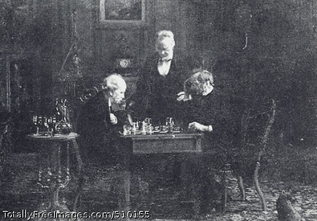 The Chess Players
Interior scene depicting the artist's father Benjamin Eakins (1818-1899) watching a chess game between his friends Bertrand Gardel (ca. 1808-1885), a French teacher, seated on the left, and George W. Holmes (ca. 1812-1895), a painter and art teacher, seated on the right. The scene takes place in the parlor of the Eakins's home at 1729 Mount Vernon Street in Philadelphia. The parlor, which is decorated with Renaissance revival furniture, includes a small table to the side holding a decanter of wine and several wine glasses.
Artist: Eakins, Thomas, 1844-1916, painter.
Medium: Oil on wood.
Smithsonian Control Number: IAP 36120358