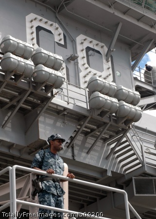 100930-N-1922G-001
SAN DIEGO (Sept. 30, 2010) Interior Communications Electrician 3rd Class Levon Taylor, from Fontana, Calif., stands watch on the officer's brow aboard the aircraft carrier USS Nimitz (CVN 68). Nimitz is scheduled for a board of inspection and survey (INSURV)in October. Nimitz is homeported at Naval Base Coronado. (U.S. Navy photo by Mass Communication Specialist 2nd Class Nathan Gomez/Released)