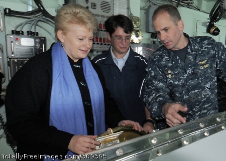 100921-N-0982V-019
BALTIC SEA (Sept. 21, 2010) President of Lithuania Dalia Grybauskaite, left, operates the helm of the amphibious command ship USS Mount Whitney (LCC/JCC 20) as commanding officer Capt. Jeffrey Ruth explains how it maneuvers the ship. Grybauskaite toured the ship during exercise Jackal Stone 2010. Mount Whitney is operating in the Baltic region supporting Jackal Stone, a 10-day special operations exercise with participation from Croatia, Latvia, Lithuania, Poland, Romania, Ukraine and the United States. (U.S. Navy photo by Mass Communication Specialist 1st Class Terry Vick/Released) 