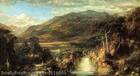 Heart of the Andes
Lush tropical landscape with a waterfall in the foreground and the snow-capped Mt. Chimborazo in the background. On the left there is a small cross along a path.
Artist: Church, Frederic Edwin, 1826-1900, painter.
Medium: Oil on canvas.
Smithsonian Control Number: IAP 36120320
