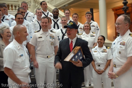 101013-N-6736S-066
ATLANTA (Oct. 13, 2010) Georgia Gov. Sonny Perdue, center, is presented a command ball cap by Master Chief Richard Rose, left, command master chief of the Ohio-class guided-missile submarine USS Georgia (SSGN 729) as Capt. Michael Cockey, commanding officer of Ohio, looks on after the Atlanta Navy Week 2010 Proclamation ceremony. Atlanta Navy Week is one of 19 Navy weeks planned across America in 2010. Navy weeks show Americans the investment they have made in their Navy and increase awareness in cities that do not have a significant Navy presence. (U.S. Navy photo by Mass Communication Specialist 1st Class Katrina Sartain/Released) 