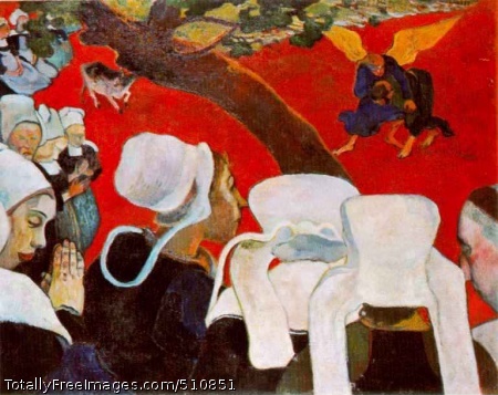 Vision After the Sermon, Jacob Wrestling with the Angel
Gauguin, (Eugène-Henri-) Paul
1888; National Gallery of Scotland;As its name suggests, Gauguin's work was concerned with inner rather
than external truth. He combined stylized images of Breton figures in
a shallow pictorial space with a 'vision' in the top right
corner. Thus the 'real' and imagined worlds depicted, are separated by
the strong, diagonal of the tree, which was inspired by Japanese
prints. Like the
Impressionists,
Gauguin studied Japanese prints and
even adopted their use of bold, flat areas of solid color. The figures
are distributed unconventionally, cut off and framing the canvas edge
at the left and in the foreground. No identifiable source of light is
used, a device which looks forward to developments in
Fauvism.