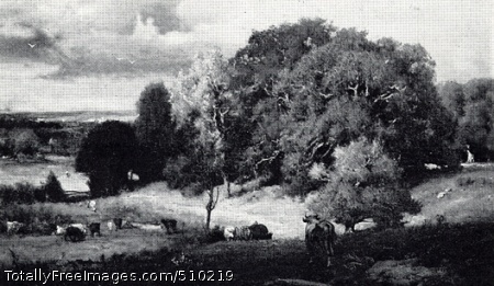 Autumn Oaks
View looking out across a pasture with cattle grazing in the foreground and a grove of oak trees in autumn colors in the background. Sunlight and clouds cast shadows over the foreground and highlight the grove of oak trees.
Artist: Inness, George, 1825-1894, painter.
Medium: Oil on canvas.
Smithsonian Control Number: IAP 36120460