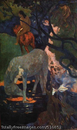 The White Horse
Gauguin, (Eugène-Henri-) Paul
1898; Louvre, ParisAlthough Gauguin was settled in Tahiti when he painted this superb
picture, it does not primarily suggest a local connection but rather
a final outcome of the sense of newly tapped powers in color and new
sensations to be derived from it that had been the preoccupation of
a whole half-century.
The seed of
Impressionism,
it might be said, expanded here into a marvellous exotic bloom.
The color, however, is no longer descriptive or atmospheric but makes
an impact on the senses akin to that of music.
The white horse itself suggests some creature of heroic fable,
yet while it shares this appearance of belonging to an imaginary
world with the riders in the background, the picture had its basis
in Polynesian reality.
The inhabitants used horses as a means of transport in the absence
of roads and bridges. Bengt Danielsson, the anthropologist and
historian, in his book Gauguin in the South Seas, makes
this remark with special reference to the Marquesas where
`everyone still rides a horse from the bishop down to the smallest
native boy'.
Gauguin did not move to the Marquesas until 1901 but as this
picture shows the native horsemanship had already caught his attention.
