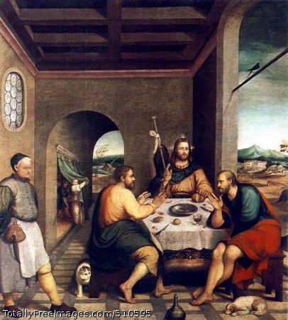 Supper at Emmaus
Bassano (family da Ponte)
c. 1538;
Oil on canvas, 235 x 250 cm;
Chiesa, CittadellaIn his lifetime, Jacopo Bassano was one of the most famous and
influential masters of the Late Renaissance in Italy, and his
paintings were widely collected throughout Europe for their luminous
colors and sensitively observed incidents from everyday life. Trained
by his father, a minor painter, in the north Italian hill town of
Bassano, he is recorded in neighboring Venice by 1535, where he was
studying with Bonifazio de' Pitati. Bassano's youthful works also
reflect the influence of
Titian, Pordenone, and other northern Italian
masters, along with artists like
Raphael and
Albrecht Dürer,
whose
compositions he knew through prints. By the late 1530s, however, his
style developed beyond these sources to assert an inventiveness
rivaling that of his contemporaries
Tintoretto and
Veronese.
Bassano's
sons (Francesco, Leandro, and Gerolamo) helped to extend his influence
well into the seventeenth century.Bassano painted this devotional subject,
for a chapel in the town's
cathedral, depicting Christ's miraculous appearance after the
Resurrection (Luke 24:13). In the act of blessing and breaking bread
at the inn, Christ reveals himself to two of his disciples who
previously had not recognized him. The sacramental message is further
conveyed in the finely executed still life of bread, wine, and
eggs--the latter a traditional symbol of resurrection and
immortality. By including such elements of everyday life as a
servant in accurately portrayed contemporary dress, and a quarrelsome
cat and dog, Bassano has in this work brought the miracle into the
scope of the viewer's experience to a degree that no previous artist
had achieved.