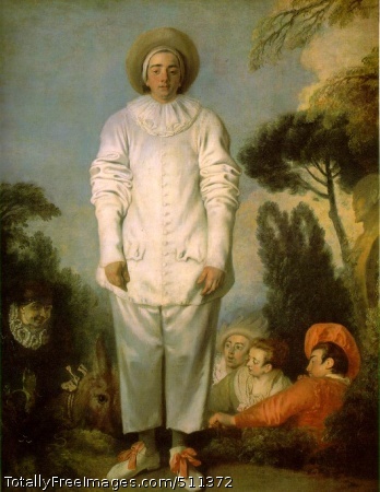 Pierrot (also known as Gilles)
Jean-Antoine Watteau
c. 1718-19; Oil on canvas; 184 x 149 cm;
Musée du Louvre, Paris
One of the few things we can be sure about, in this famous but
enigmatic work, is the fact that Gilles is a Pierrot. Watteau may have
painted it as a sign for the café run by the former actor, Belloni,
who made his name as a Pierrot. The model, a friend or another actor,
is unknown. Standing with his arms dangling at his sides, with a
dreamy, naive look on his face, the moonstruck Pierrot stands out
monumentally and idiosyncratically against a leafy Italianate
background. At the foot of the mound, reminiscent of a fairground
stage, four half-hidden figures--the Doctor on his donkey, Léandre,
Isabelle and the Capitaine--contribute to the singularity of the
composition and the poetic drama. 