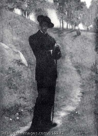Portrait of the Artist
Self-portrait of John La Farge standing on a path that leads back into distant trees and over a hillside. The site has been identified as the La Farge family estate at Glen Cove, Long Island. La Farge wears a black wide-brimmed hat and a black suit, and in his hands he holds a long painter's umbrella, which he leans against. He stands with his head slightly cock as he stares out at the viewer.
Artist: La Farge, John, 1835-1910, painter.
Medium: Oil on wood.
Smithsonian Control Number: IAP 36120517
