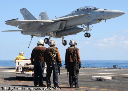 100922-N-6632S-656
ATLANTIC OCEAN (Sept. 22, 2010) Sailors assigned to the air department of the aircraft carrier USS George H.W. Bush (CVN 77) observe an F/A-18F Super Hornet assigned to Strike Fighter Squadron (VFA) 106 make an arrested landing. George H.W. Bush is conducting training operations in the Atlantic Ocean. (U.S. Navy photo by Mass Communication Specialist Seaman Kevin J. Steinberg/Released) 
