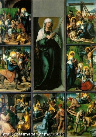 The Seven Sorrows of the Virgin
c. 1496-97 (200 kB); Oil on panel, Central panel 109 x 43 cm;
Alte Pinakothek, Munich;
Side panels 63 x 46 cm;
Gemaldegalerie Alte Meister, Dresden